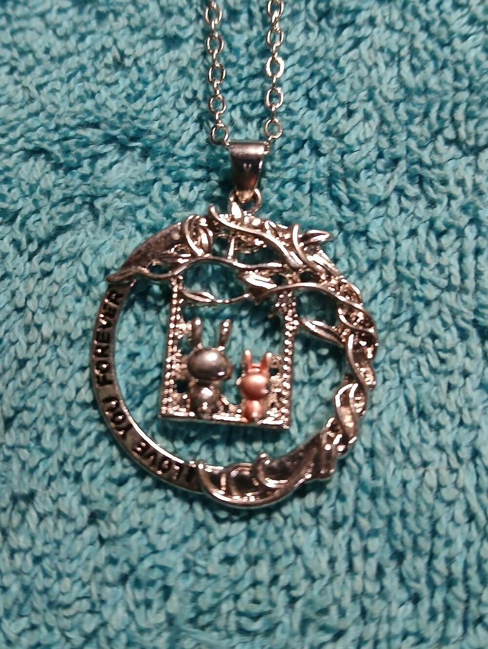 Mom Necklace "Love You Forever" Floral On Swing Two Tone